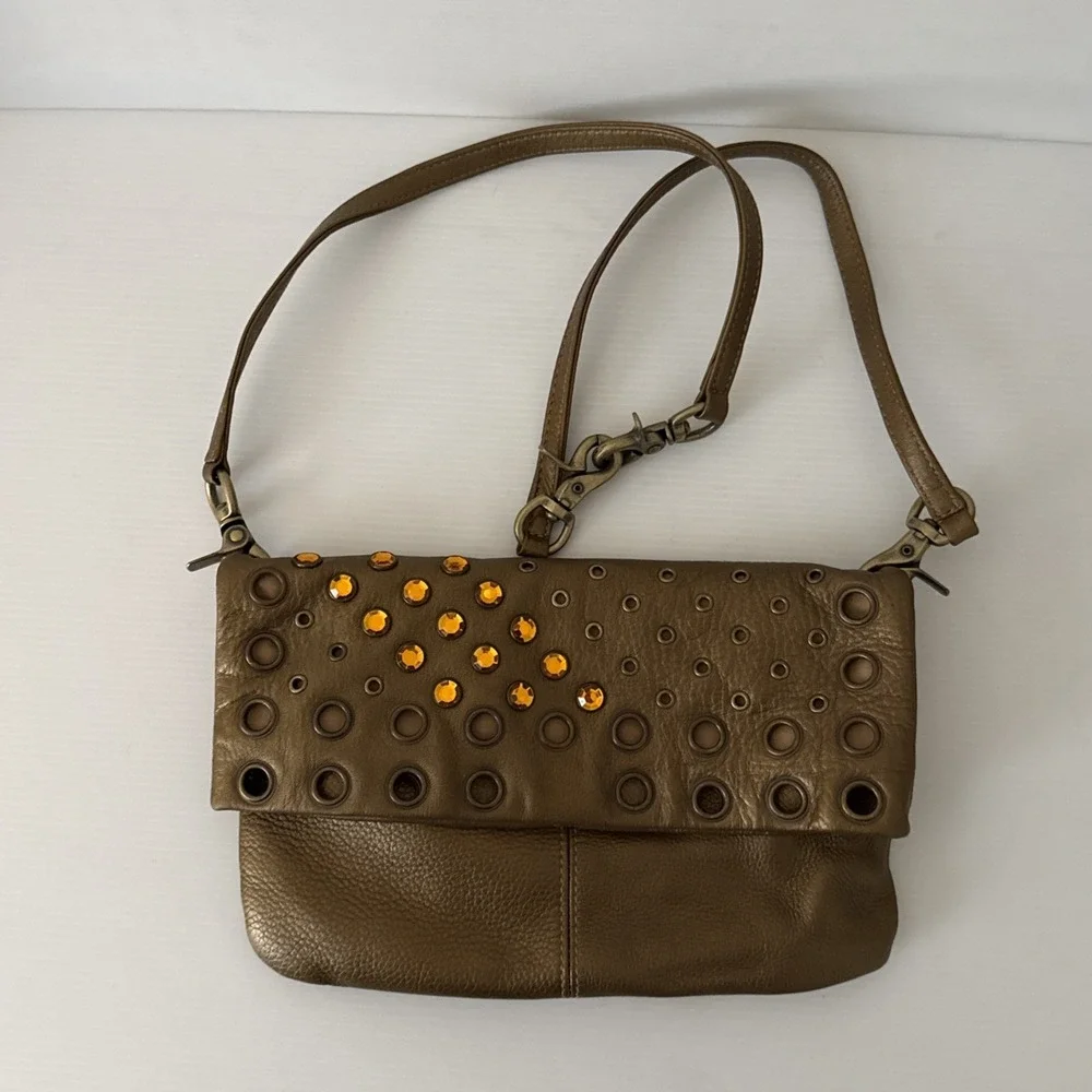 HOBO International Metallic Gold Womens Purse Crossbody‎ Bling Leather Handbag
